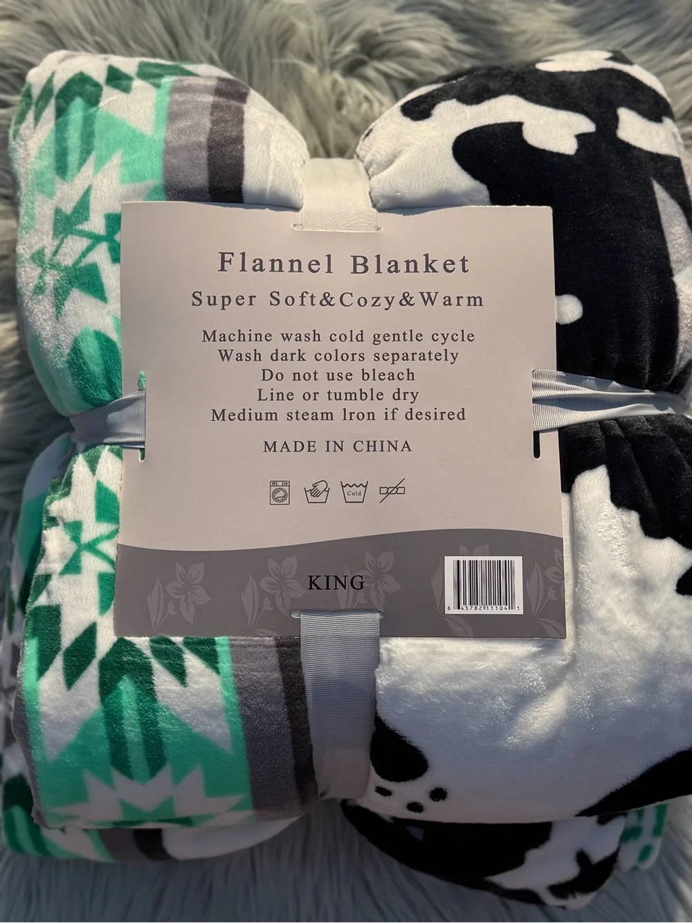New king size flannel blanket cowhide and Aztec Print - Mint & Black and white